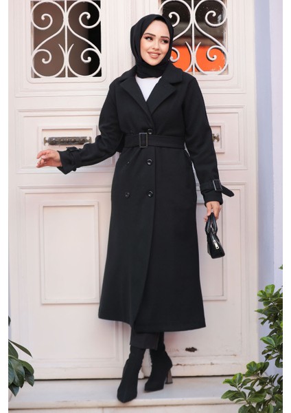 Kemerli Siyah Kaşe Tesettür Kaban 61251S