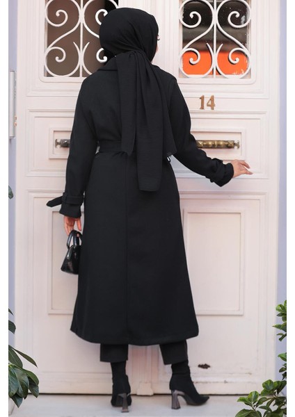 Kemerli Siyah Kaşe Tesettür Kaban 61251S fiyatları