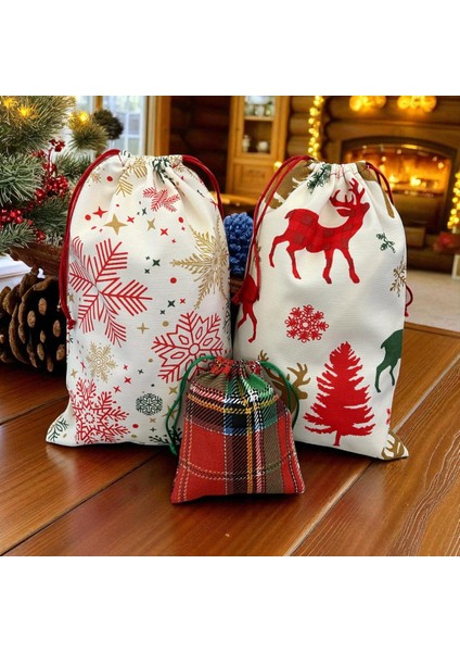 Hediye Paketi 20X30CM Yılbaşı Kar Taneli ve Geyik Desenli ve 12X14CM Kareli Kumaş Kese 3lü Set