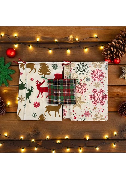 Hediye Paketi 20X30CM Yılbaşı Kar Taneli ve Geyik Desenli ve 12X14CM Kareli Kumaş Kese 3lü Set modelleri