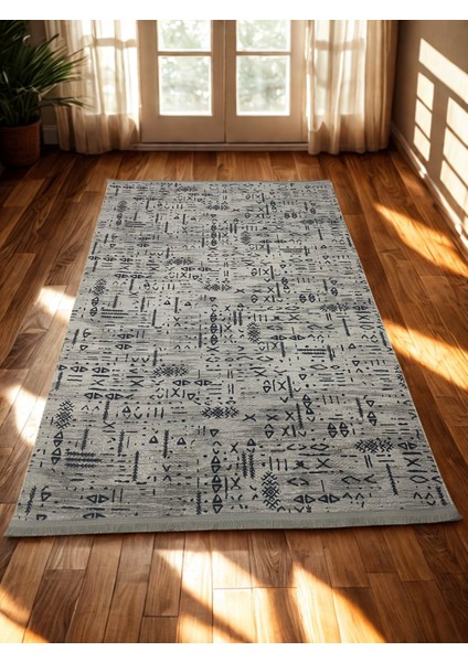 Iskandinav Kabartmalı Saçaklı Gri Kaymaz Taban Yıkanabilir Kesme Yolluk Halı