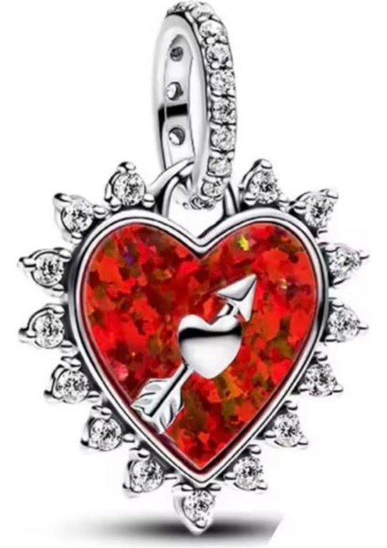 Zirkon Taşlı Kırmızı Dönen Ok Kalp Sallantılı Charm S925