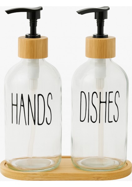 Bambu Tabanlı Cam Sabunluk Seti – 2’li Sabunluk, Deterjanlık Şeffaf Pompalı Şişe