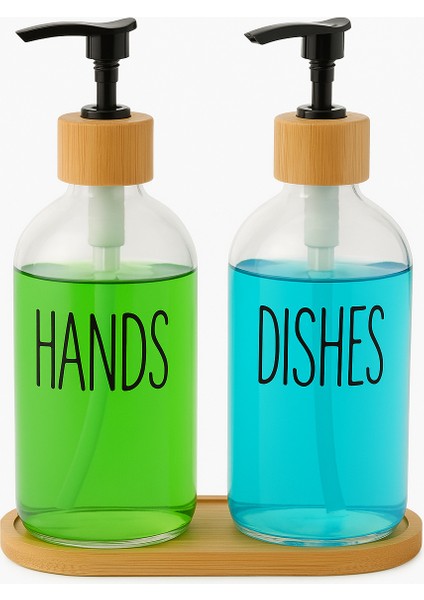 Bambu Tabanlı Cam Sabunluk Seti – 2’li Sabunluk, Deterjanlık Şeffaf Pompalı Şişe fiyatları