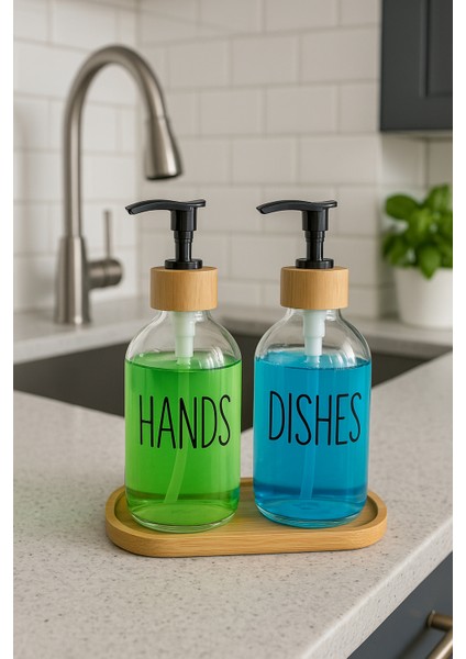 Bambu Tabanlı Cam Sabunluk Seti – 2’li Sabunluk, Deterjanlık Şeffaf Pompalı Şişe modelleri