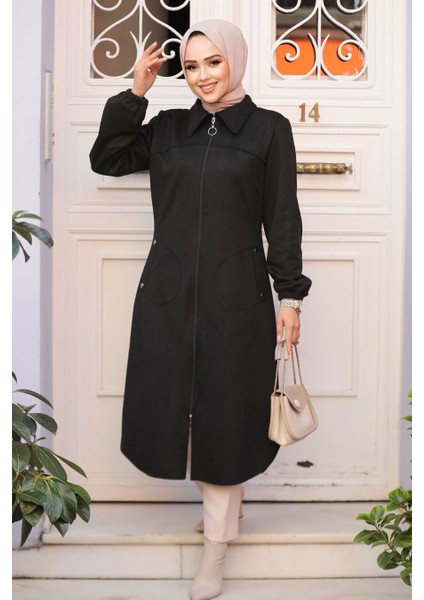 Fermuarlı Siyah Tesettür Süet Kap 4438S