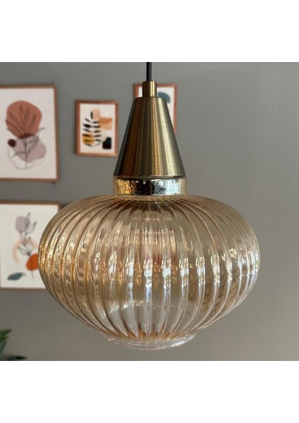 Ruiz Cam Bal Rengi Tekli Avize Eskitme Huni Başlık Retro Sarkıt Lamba Restoran Salon Aydınlatma