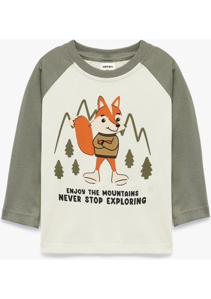 Uzun Kollu Bisiklet Yaka Baskılı Pamuklu Tişört