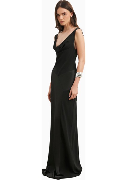 Cowl Neck Satin Panel Gown Draped Bias Cut Maxi Dress Kadın Elbise fırsatları