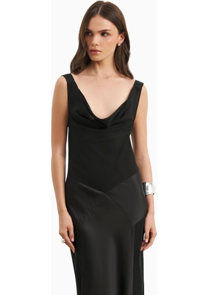 Cowl Neck Satin Panel Gown Draped Bias Cut Maxi Dress Kadın Elbise