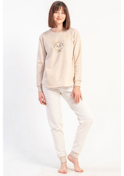 Kadın Bej Renk Uzun Kollu Bisiklet Yaka Lastikli Paça Kedi Baskılı Pijama Takımı C1T4N0105