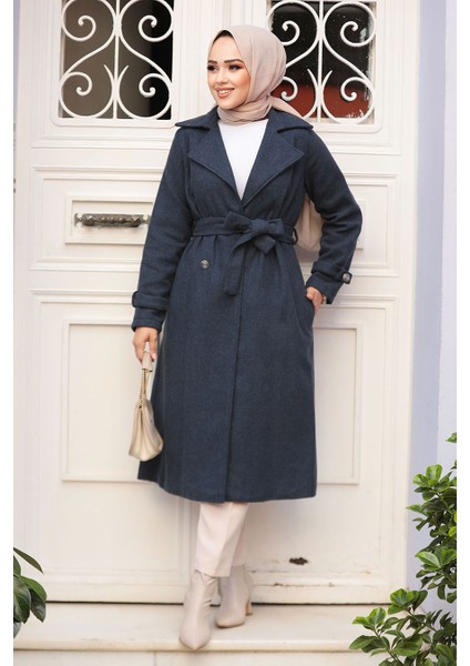 Kemerli Lacivert Kaşe Tesettür Kaban 61210L fiyatları
