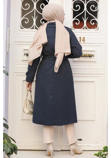 Kemerli Lacivert Kaşe Tesettür Kaban 61210L modelleri