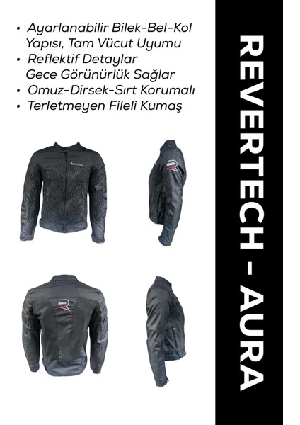 Revertech Aura Siyah / Terletmeyen Fileli Kumaş - Bel, Dirsek ve Sırt Korumalı Motosiklet Montu