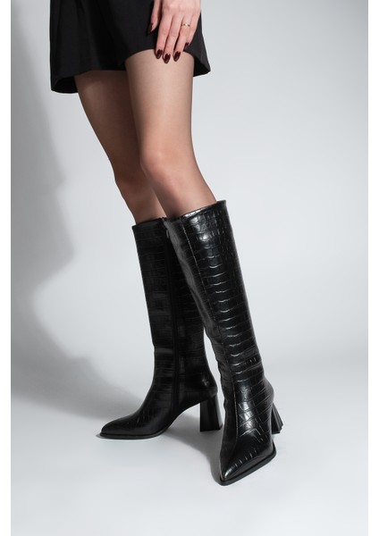 Kadın Sivri Burun Kalın Topuklu Çizme Alenta Siyah Croco fırsatları