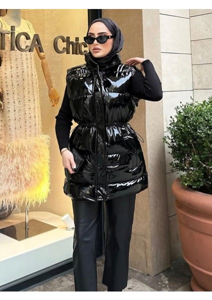 Kadın Fermuarlı Çıt Çıtlı Cepli Siyah Parlak Şişme Yelek