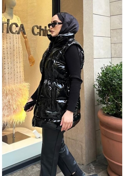 Kadın Fermuarlı Çıt Çıtlı Cepli Siyah Parlak Şişme Yelek fiyatları