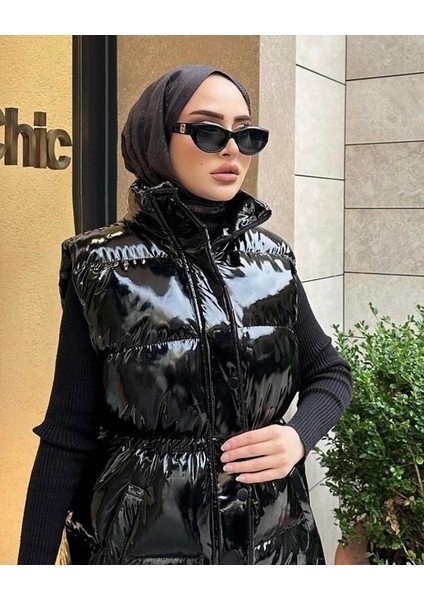 Kadın Fermuarlı Çıt Çıtlı Cepli Siyah Parlak Şişme Yelek modelleri