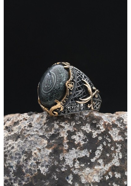 Özel Tasarım Hz. Ali'nin Kılıcı Zülfikar Ayetel Kürsi Yazlı Sıkma Kehribar Taşlı 925 Ayar Gümüş Erkek Yüzüğü 902333 fiyatları