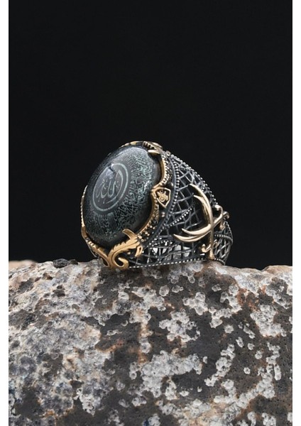 Özel Tasarım Hz. Ali'nin Kılıcı Zülfikar Ayetel Kürsi Yazlı Sıkma Kehribar Taşlı 925 Ayar Gümüş Erkek Yüzüğü 902333 fırsatları