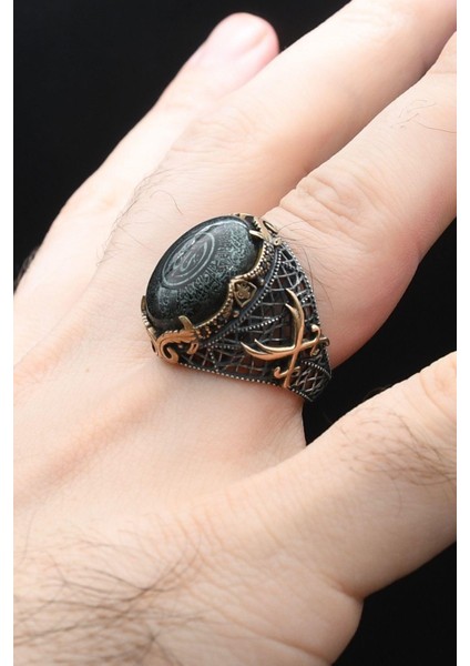 Özel Tasarım Hz. Ali'nin Kılıcı Zülfikar Ayetel Kürsi Yazlı Sıkma Kehribar Taşlı 925 Ayar Gümüş Erkek Yüzüğü 902333 indirimleri