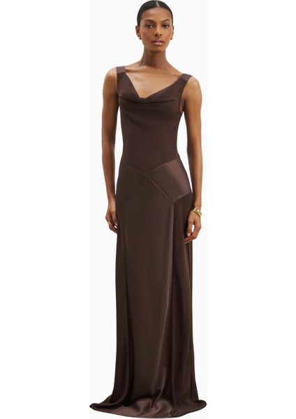 Cowl Neck Satin Panel Gown Draped Bias Cut Maxi Dress Kadın Elbise
