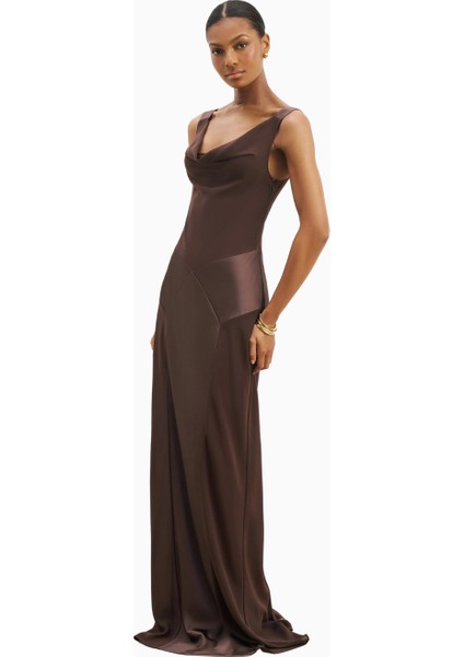 Cowl Neck Satin Panel Gown Draped Bias Cut Maxi Dress Kadın Elbise fırsatları