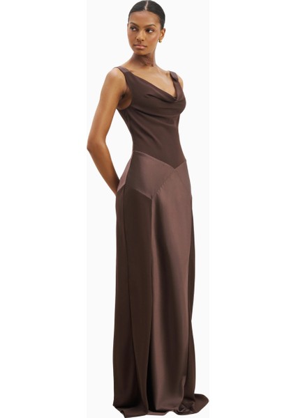 Cowl Neck Satin Panel Gown Draped Bias Cut Maxi Dress Kadın Elbise indirimleri