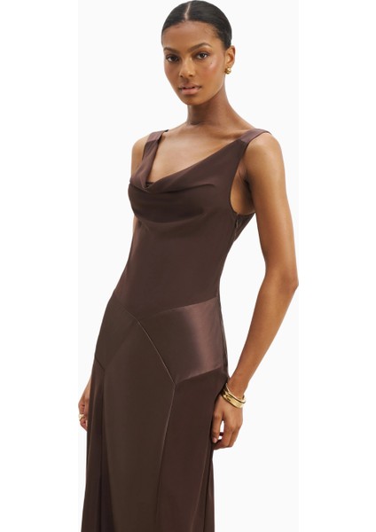 Cowl Neck Satin Panel Gown Draped Bias Cut Maxi Dress Kadın Elbise