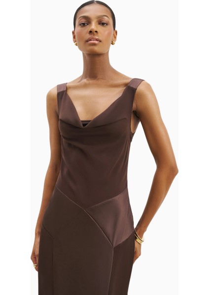 Cowl Neck Satin Panel Gown Draped Bias Cut Maxi Dress Kadın Elbise