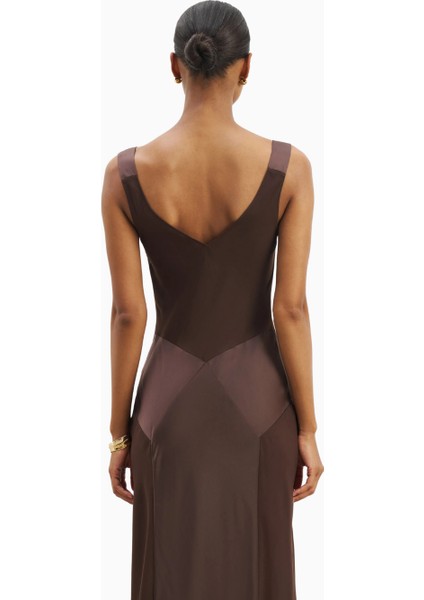 Cowl Neck Satin Panel Gown Draped Bias Cut Maxi Dress Kadın Elbise