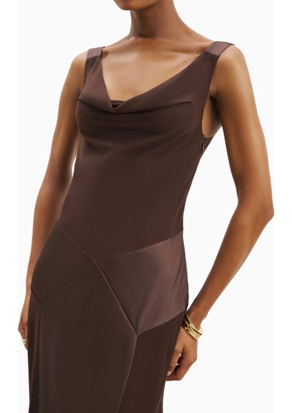 Cowl Neck Satin Panel Gown Draped Bias Cut Maxi Dress Kadın Elbise