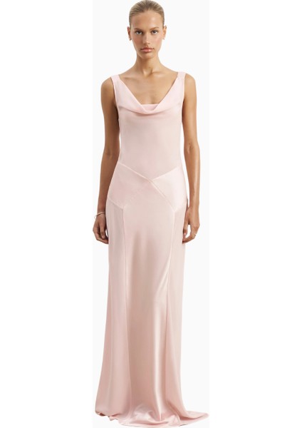 Cowl Neck Satin Panel Gown Draped Bias Cut Maxi Dress Kadın Elbise