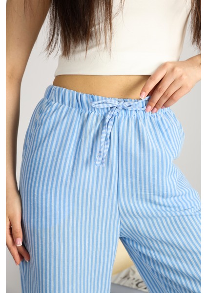Mavi Beli Ayarlanabilir Çizgili Cepli Bol Paça Keten Kadın Pantolon S modelleri