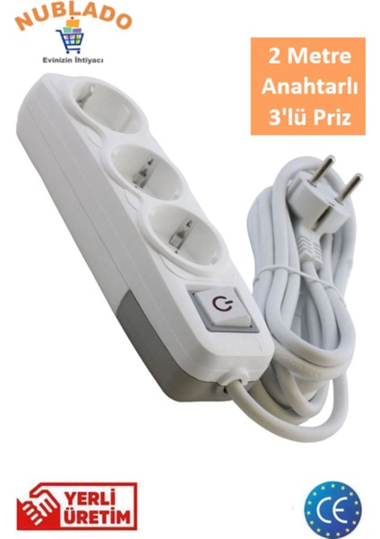 Grup Priz 3'lü - (2 Metre) Anahtarlı Topraklı Seyyar Ara Kablolu Uzatma Kablolusu Üçlü Piriz