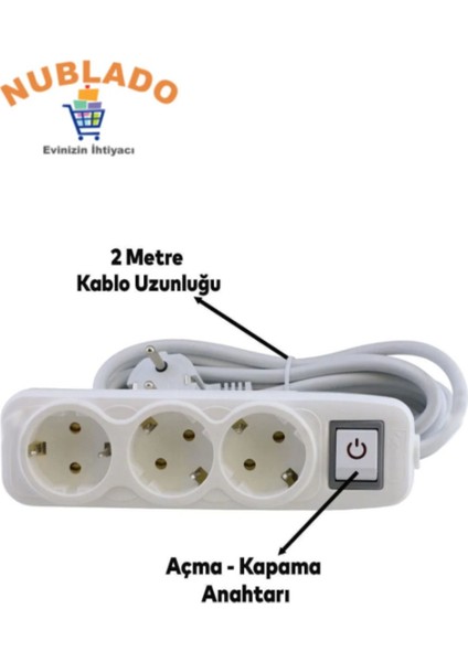 Grup Priz 3'lü - (2 Metre) Anahtarlı Topraklı Seyyar Ara Kablolu Uzatma Kablolusu Üçlü Piriz modelleri