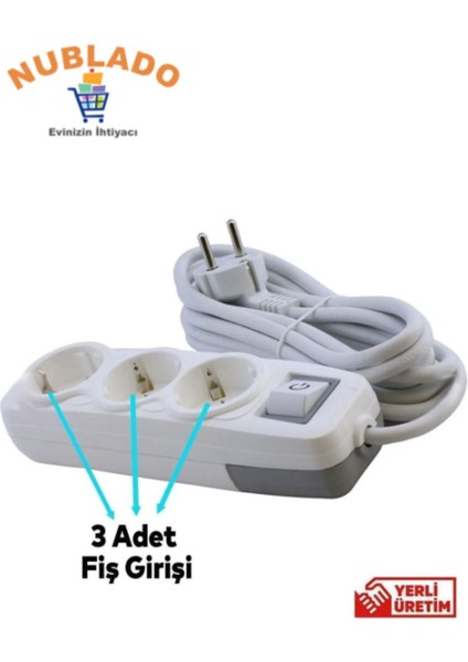 Grup Priz 3'lü - (2 Metre) Anahtarlı Topraklı Seyyar Ara Kablolu Uzatma Kablolusu Üçlü Piriz fırsatları