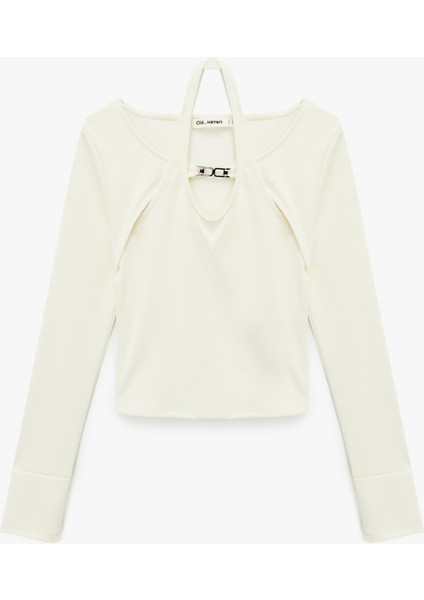 Slim Fit Uzun Kollu Metal Aksesuarlı Pencere Detaylı Halter Yaka Tişört