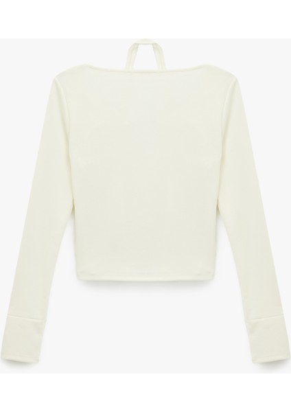 Slim Fit Uzun Kollu Metal Aksesuarlı Pencere Detaylı Halter Yaka Tişört fiyatları