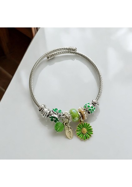 Kadın Çelik Charm Bileklik Bilezik Çiçek Figürlü Yeşil modelleri