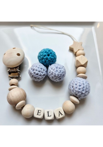 Yıldızlı Mavi Isimli Bebek Emzik Zinciri Askısı