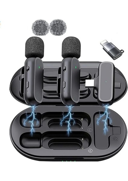 K61 Type-c ve Iphone Uyumlu Kablosuz Yaka Mikrofonu Şarj Kutulu