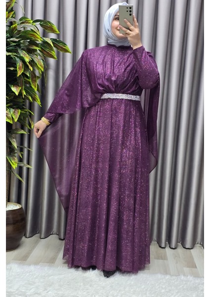 Kadın Tesettür Büyük Beden Giyim Simli Pelerinli Abiye