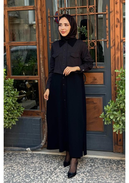 Kumaş Garnili Uzun Triko Kap T25PF-8013 Siyah