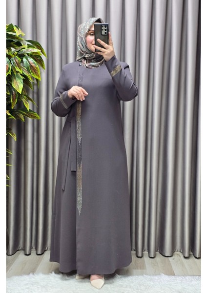Kadın Tesettür Giyim Büyük Beden Şerit Taş Detaylı Abaya