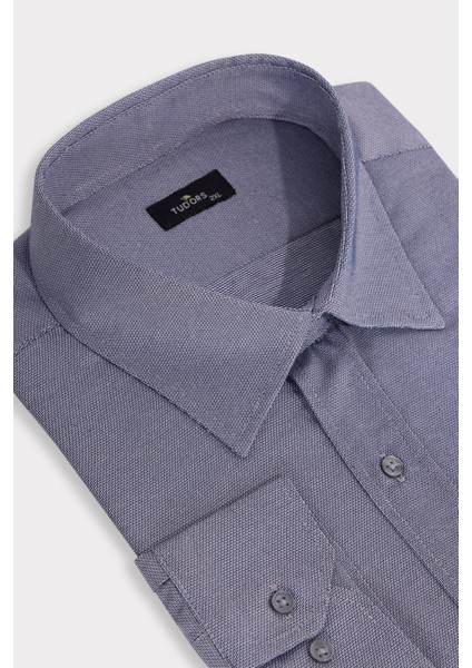 Erkek Big Size Büyük Beden Kolay Ütü Kravatlık Armürlü Pamuklu Gri Gömlek