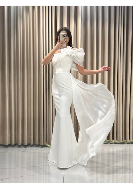 Beyaz Tek Omuz Balık Model Abiye Elbise EN5508