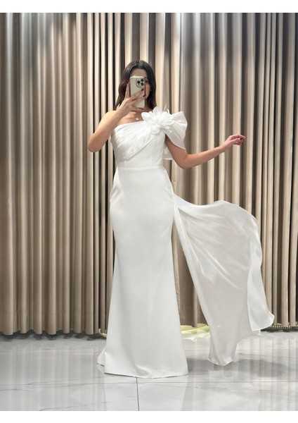 Beyaz Tek Omuz Balık Model Abiye Elbise EN5508 fiyatları