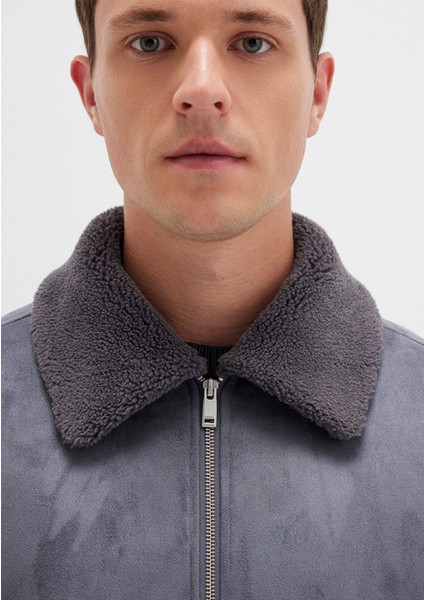 Suni Kürk Detaylı Gri Suni Süet Ceket 0110450-80776