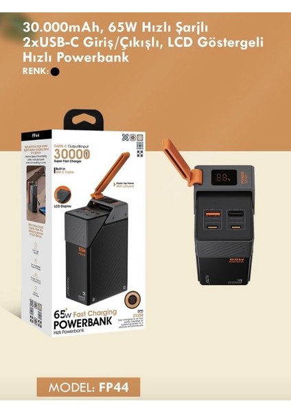 30000MAH 65W Hızlı Şarjlı Dijital Göstergeli Taşınabilir 2usb 2type-C Girişli Powerbank Siyah indirimleri